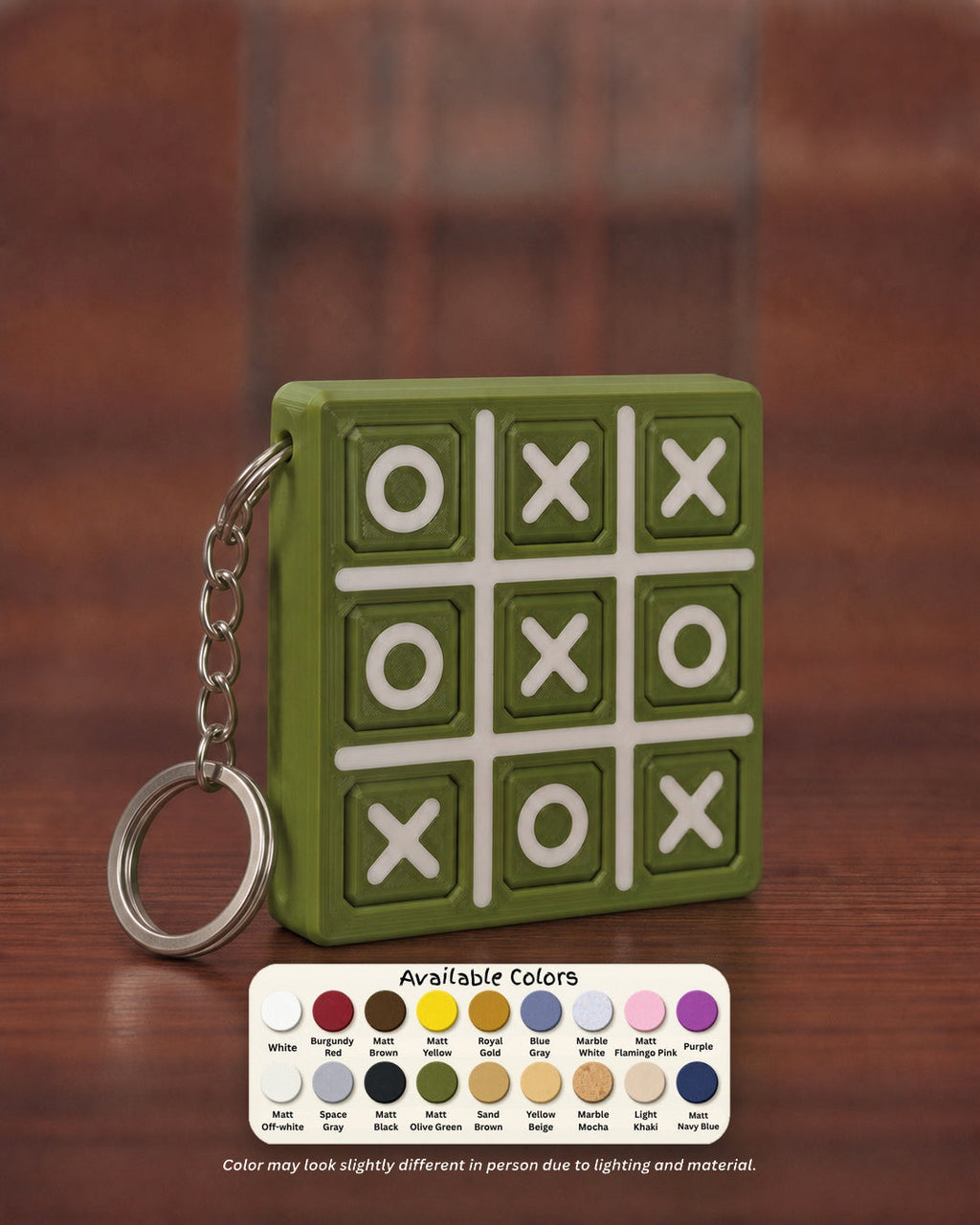 Tic Tac Toe Keychain with available colors palette card showing 18 filament colors